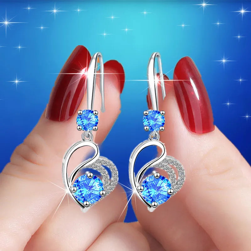 Cute Female Blue Love Heart Dangle Earrings Classic Silver Color Wedding Rainbow Crystal Round Stone Jewelry For Women
