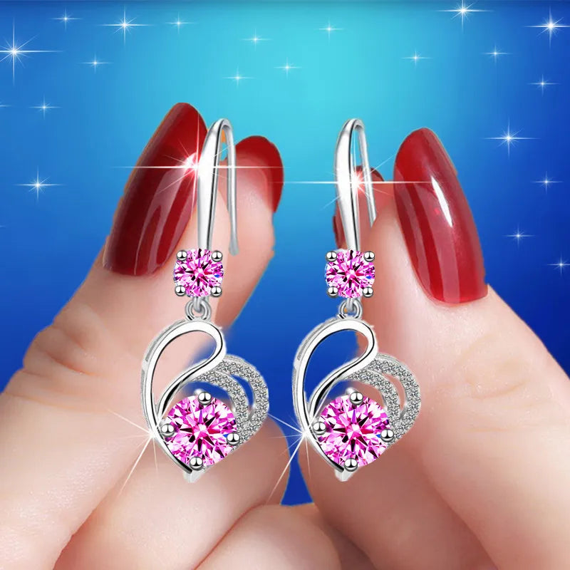 Cute Female Blue Love Heart Dangle Earrings Classic Silver Color Wedding Rainbow Crystal Round Stone Jewelry For Women