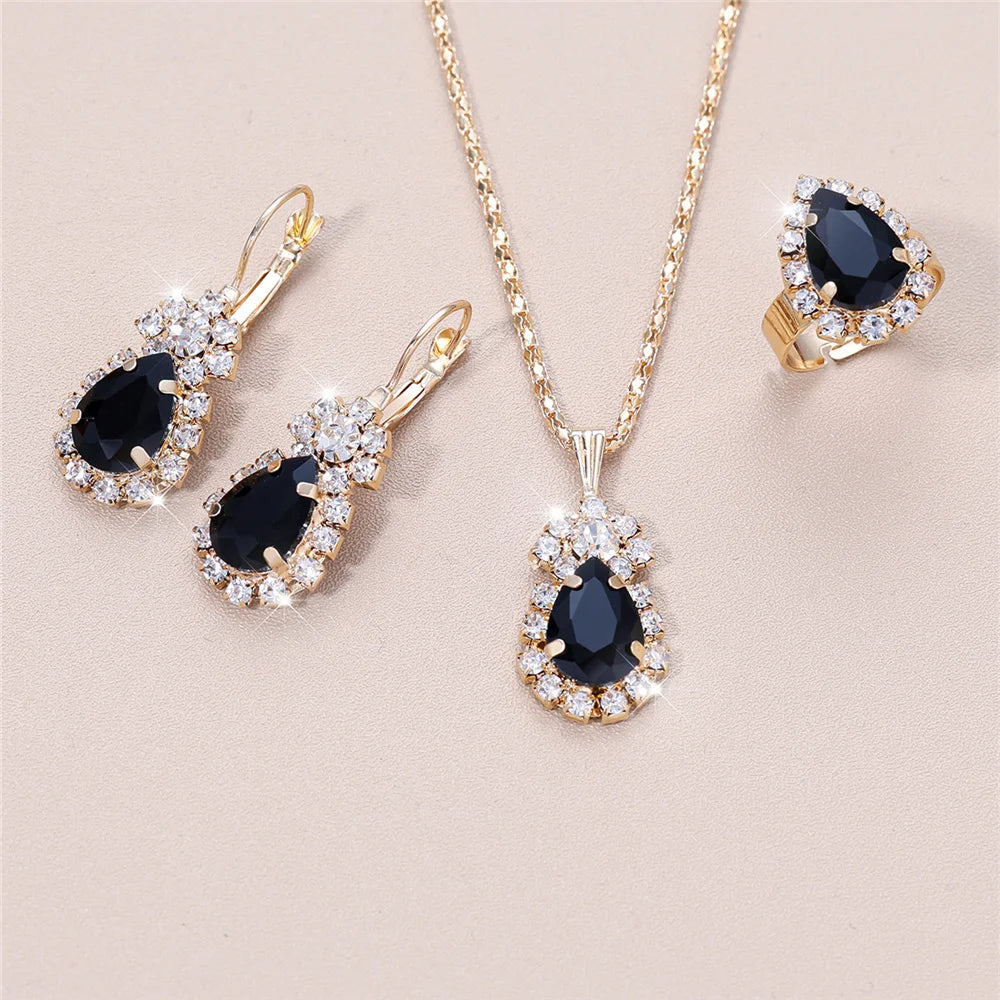 Luxury Female Women Blue Water Drop Wedding Jewelry Set