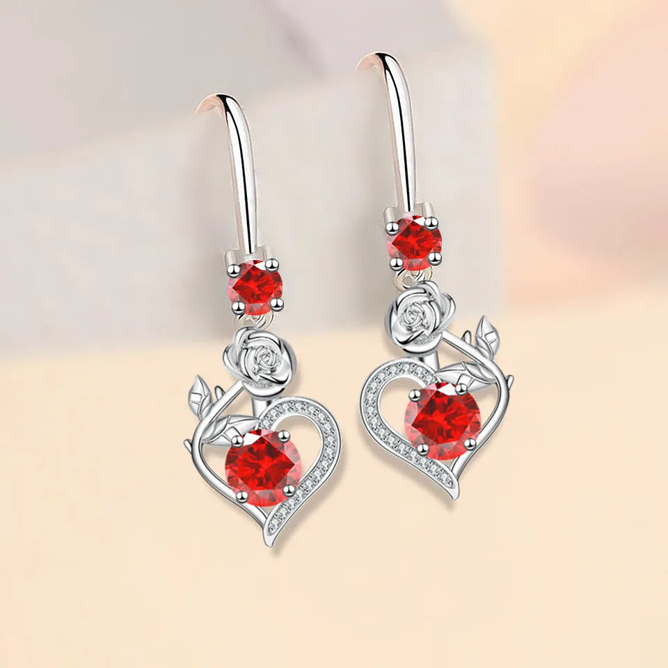 Rose Flower Heart Drop Earrings For Women Silver Color Blue Red Green Pink Zircon Valentine Dangle Earring Mothers Day Jewelry