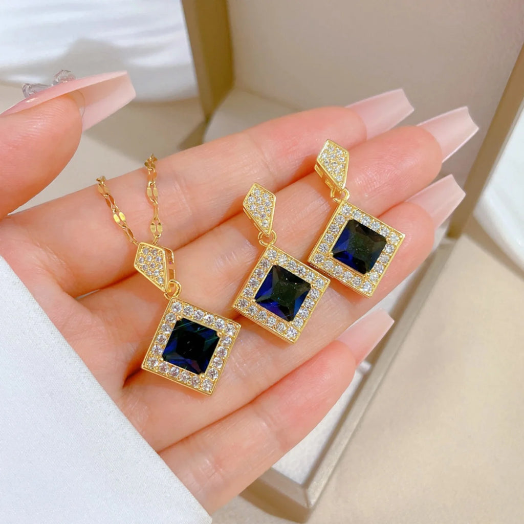 Exquisite Geometry Square Necklace Earrings Jewelry Set Charm Ladies Jewelry Fashion Bridal Accessory Set Romantic Gift
