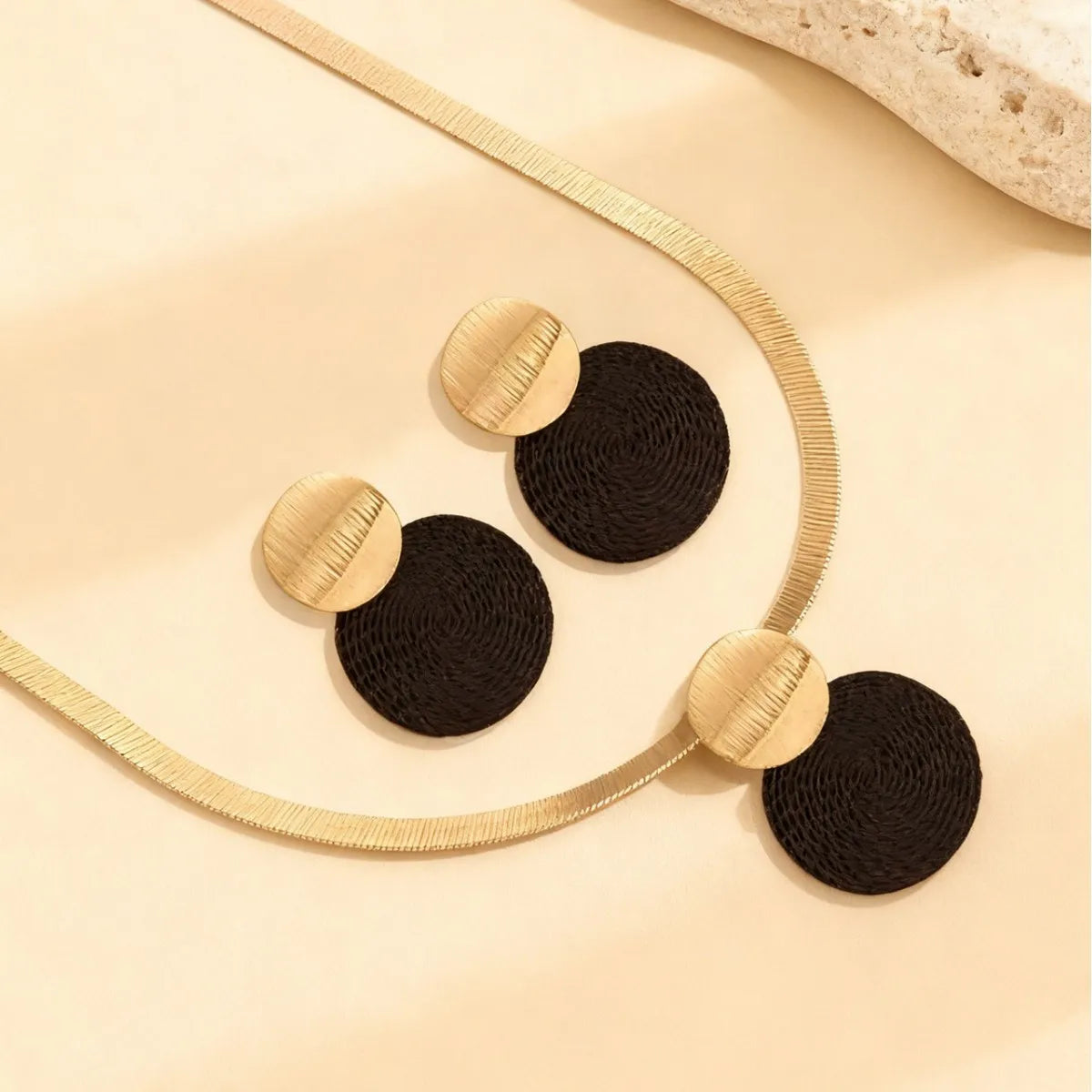 Modern Noir Disc Necklace and Earrings