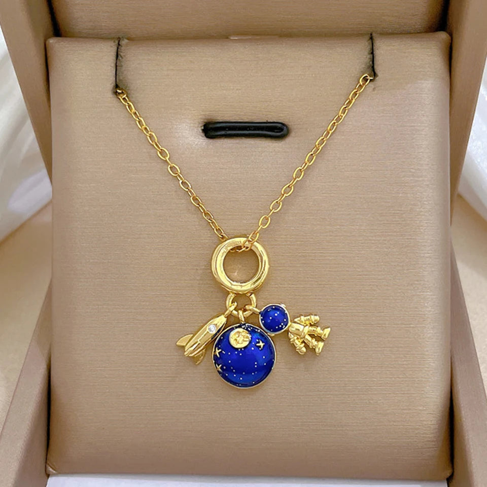 Galaxy Planet Necklace with Sparkling Crescent Moon