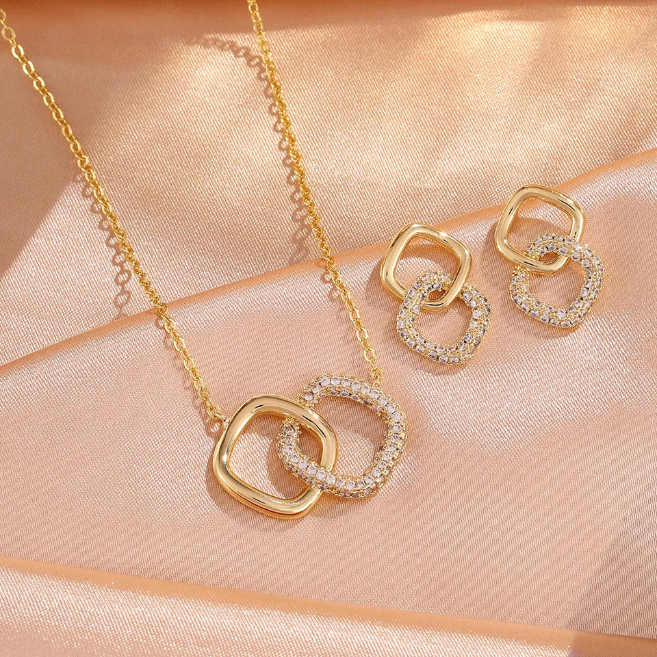 ZAKOL Hollowed Geometric Square Pendant Necklace Earrings Simple Fashion Shiny Zircon Party Jewelry Set Holiday Gifts