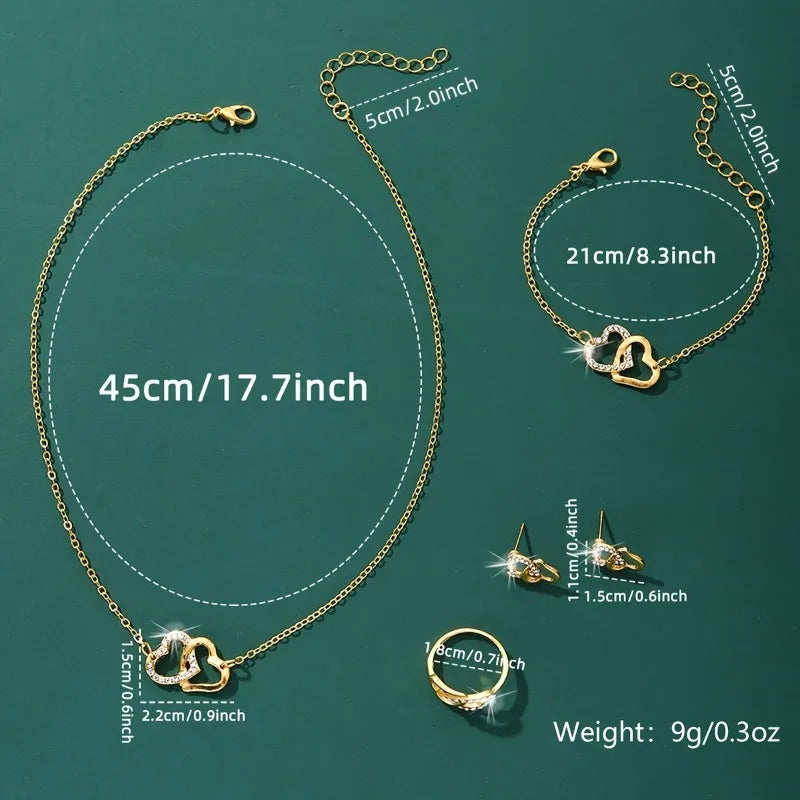 Vintage Rhinestone Jewelry Set - 5Pcs Alloy Necklace Earrings Bracelet Ring Classic Daily Wear