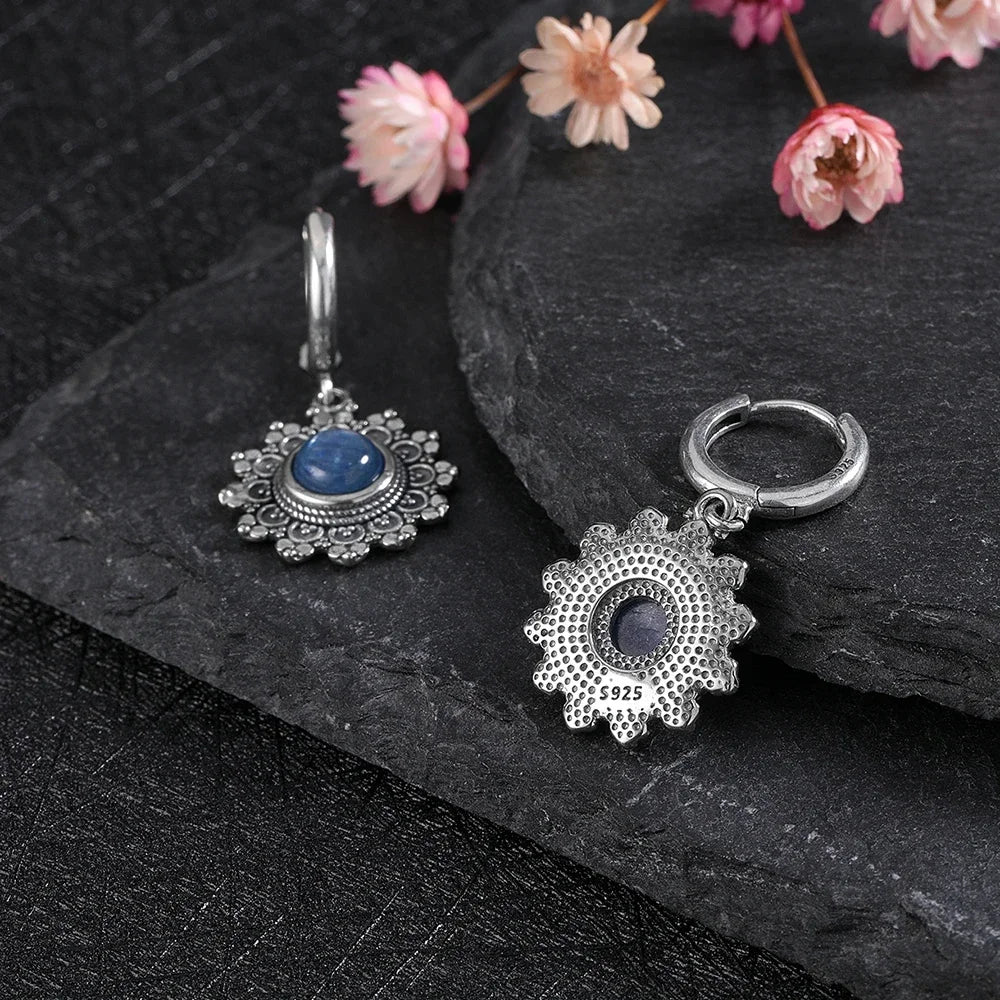 Silver Plated Snowflake Natural Kyanite Earrings for Women Round 6MM Blue Stone Vintage Jewelry Party Anniversary Gifts