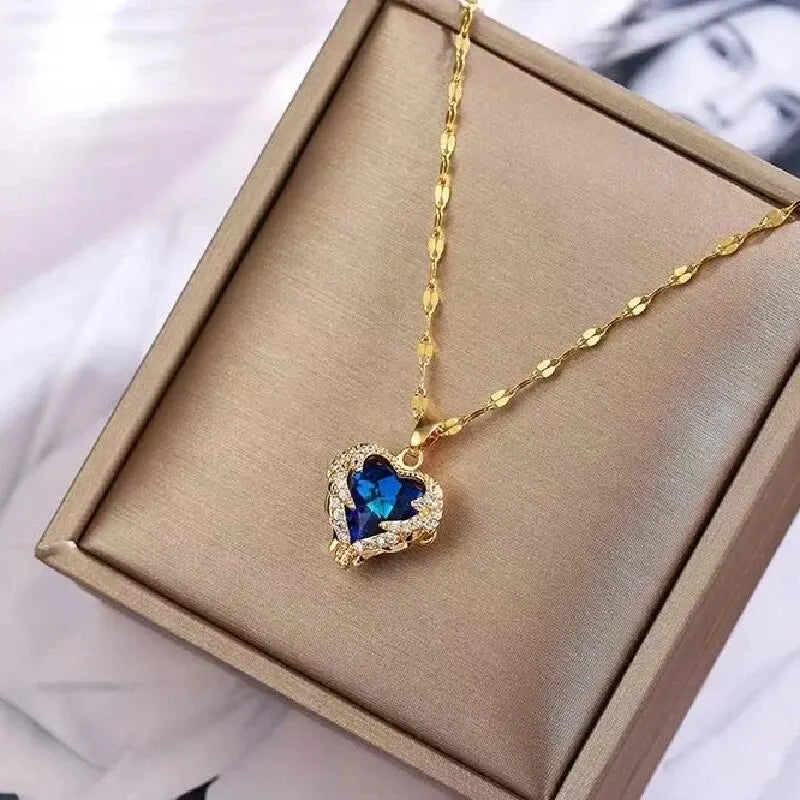 Blue Gem Heart Necklace with Rhinestone Accents