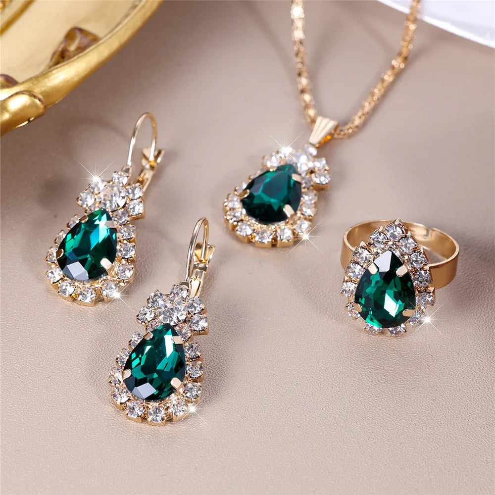Luxury Female Women Blue Water Drop Wedding Jewelry Set