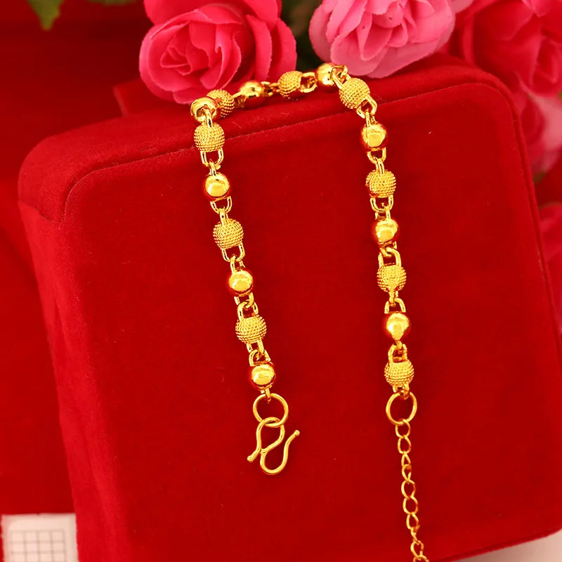 24k Plated Frosted Gold Solid Ball Bead Bracelet Women Jewelry Gift