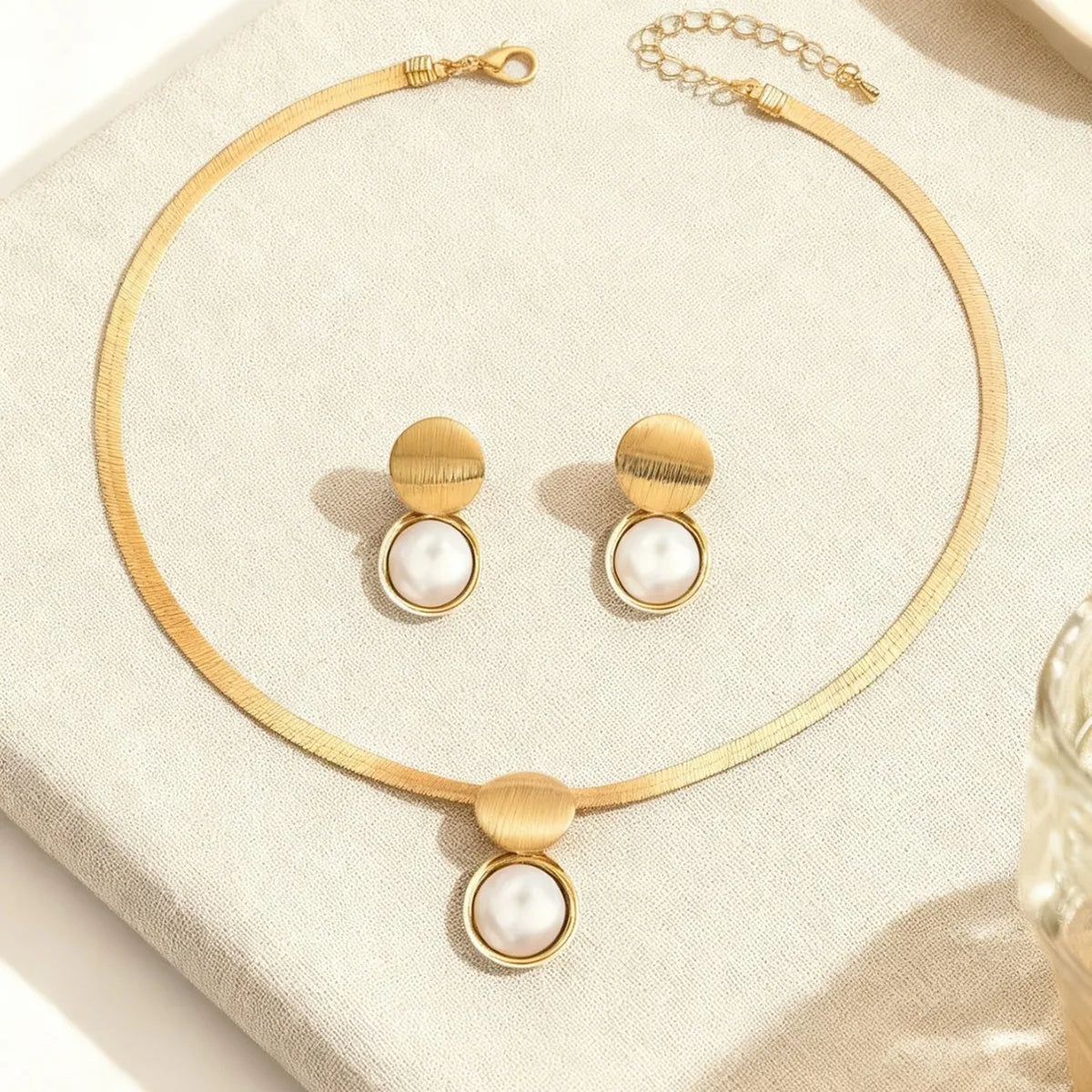 Golden Pearl Pendant Necklace & Drop Earrings Set