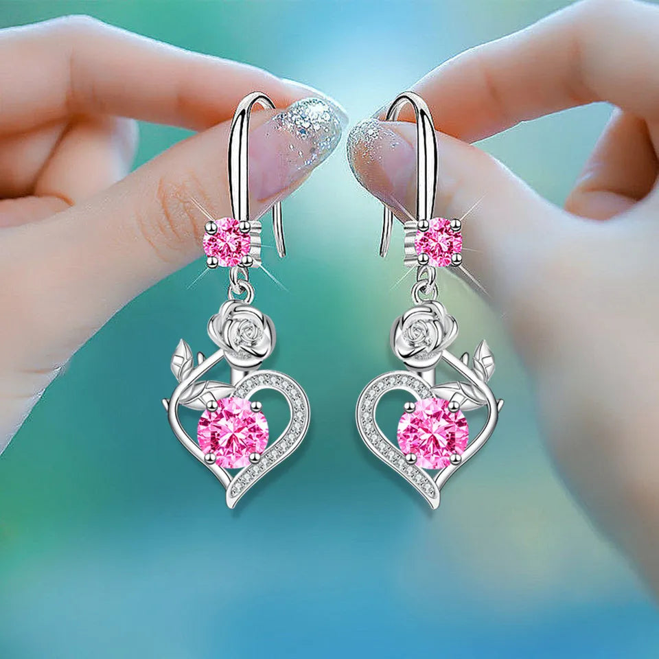 Rose Flower Heart Drop Earrings For Women Silver Color Blue Red Green Pink Zircon Valentine Dangle Earring Mothers Day Jewelry