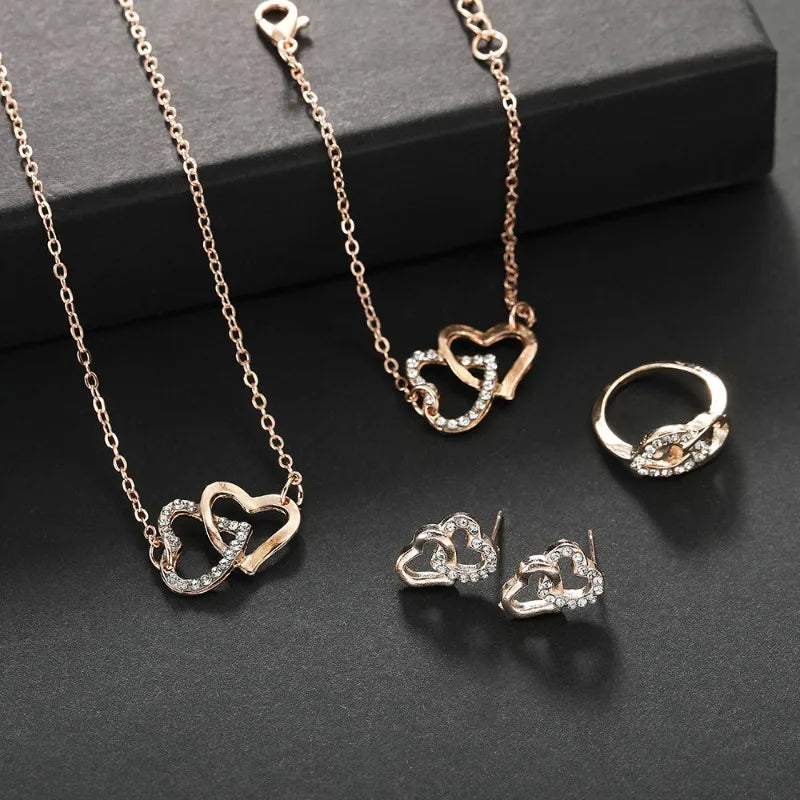 Vintage Rhinestone Jewelry Set - 5Pcs Alloy Necklace Earrings Bracelet Ring Classic Daily Wear