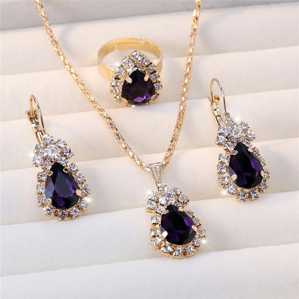 Luxury Female Women Blue Water Drop Wedding Jewelry Set