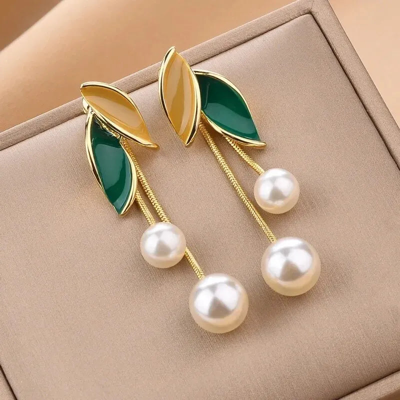 Green Enamel and Pearl Statement Earrings