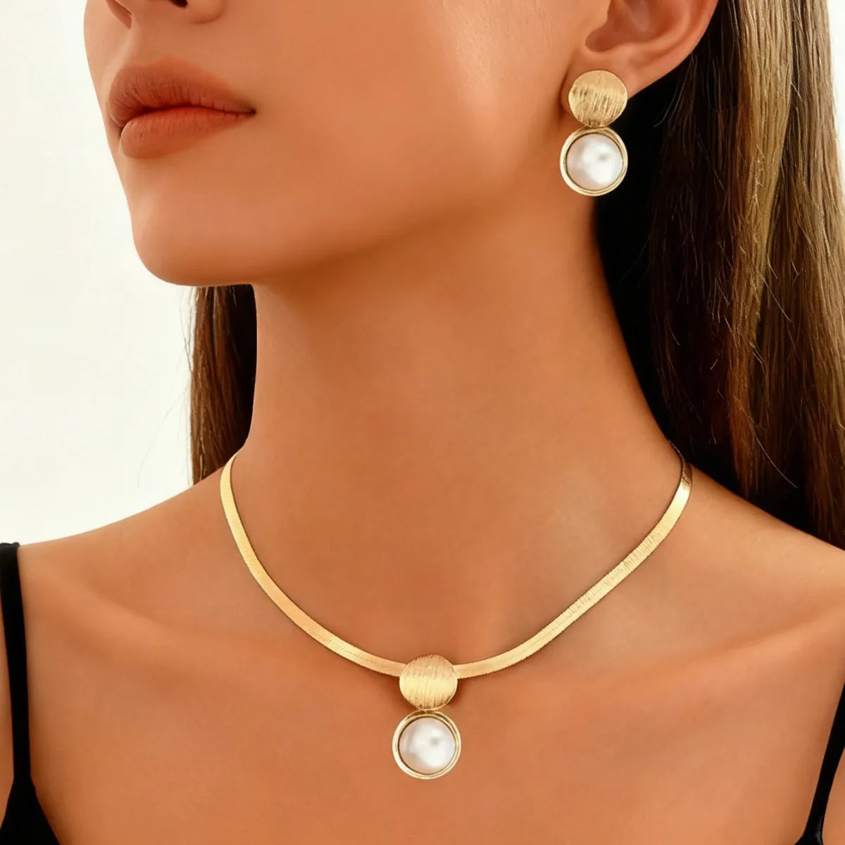 Golden Pearl Pendant Necklace & Drop Earrings Set