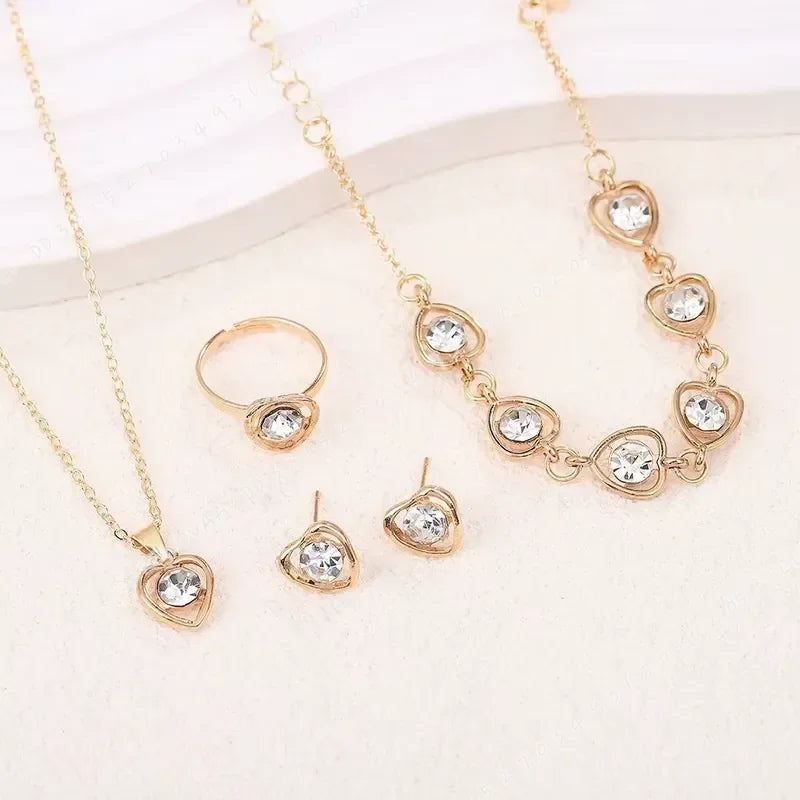 4pcs Luxury Heart Crystal Jewelry Set for Women Necklace Bracelet Ring Earrings Exquisite Wedding Party Accessories Holiday