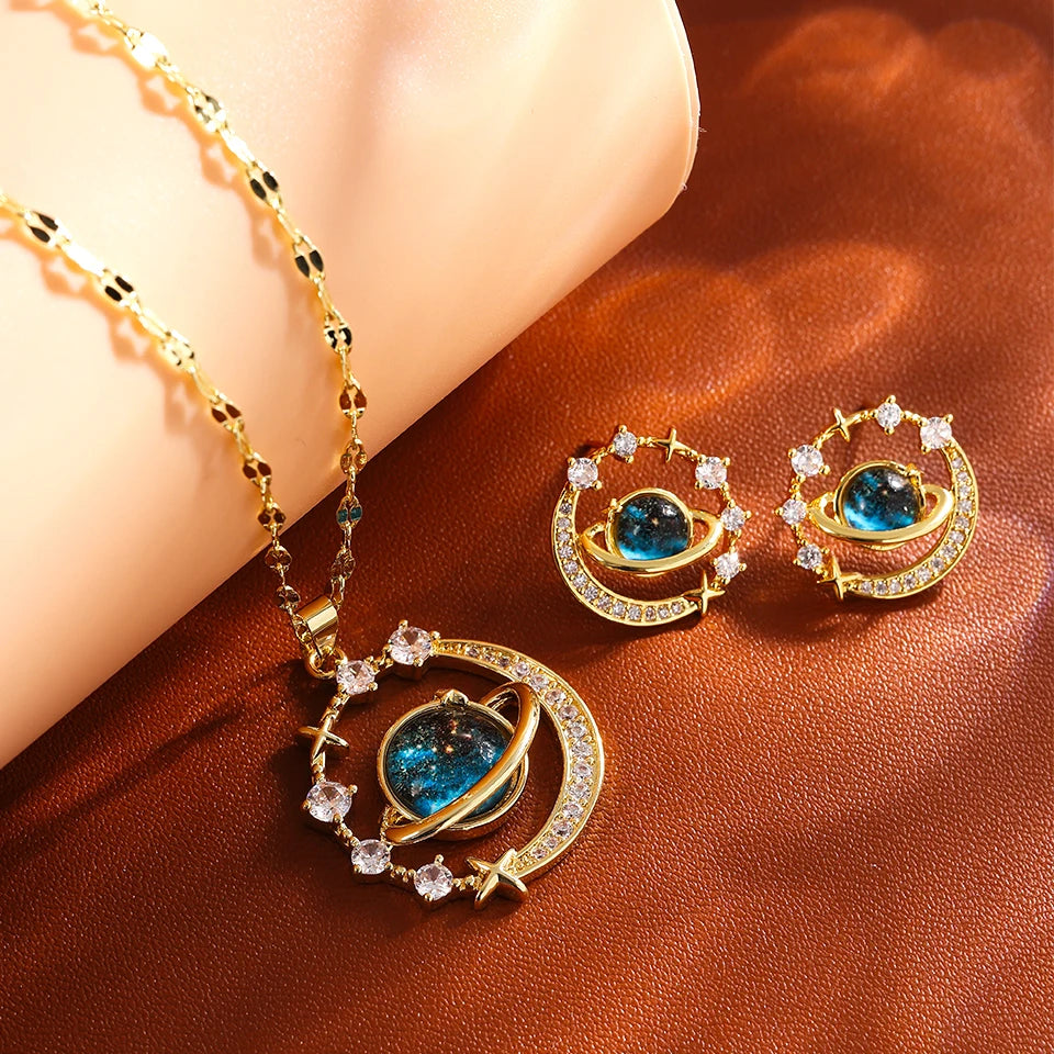 Galaxy Planet Necklace with Sparkling Crescent Moon