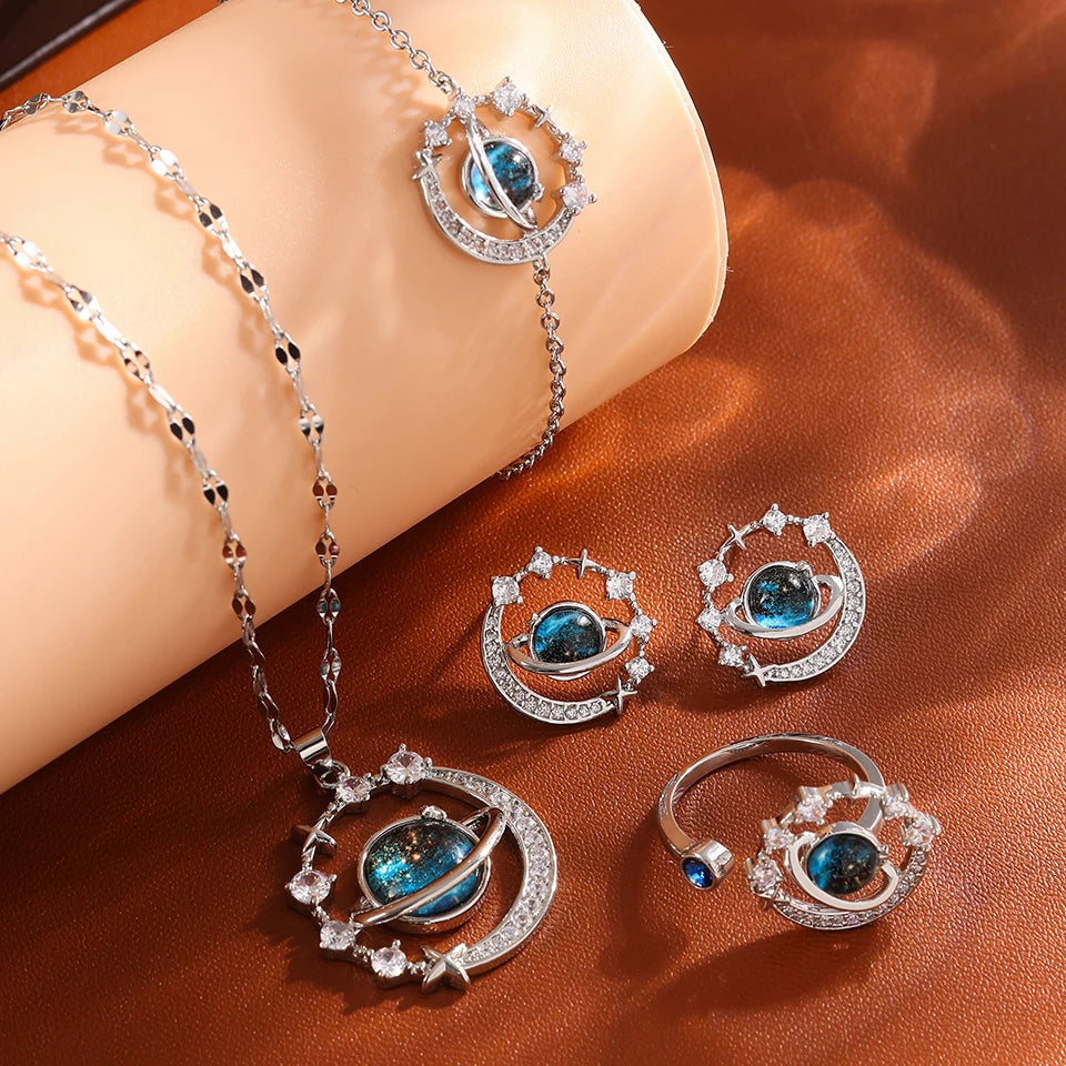 Galaxy Planet Necklace with Sparkling Crescent Moon