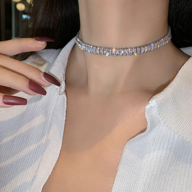 Stainless Steel Shiny Zircon Necklace for Women Simple Adjustable Rhinestones Collar Choker Necklace Fine Jewelry Gifts