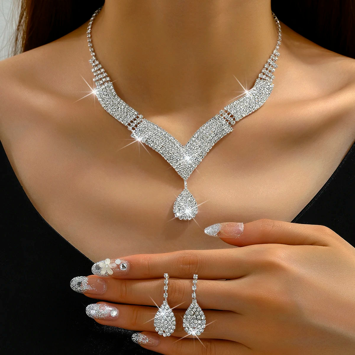 3pcs fashionable rhinestones, water droplets, necklaces, earrings, jewelry sets, women's wedding accessories