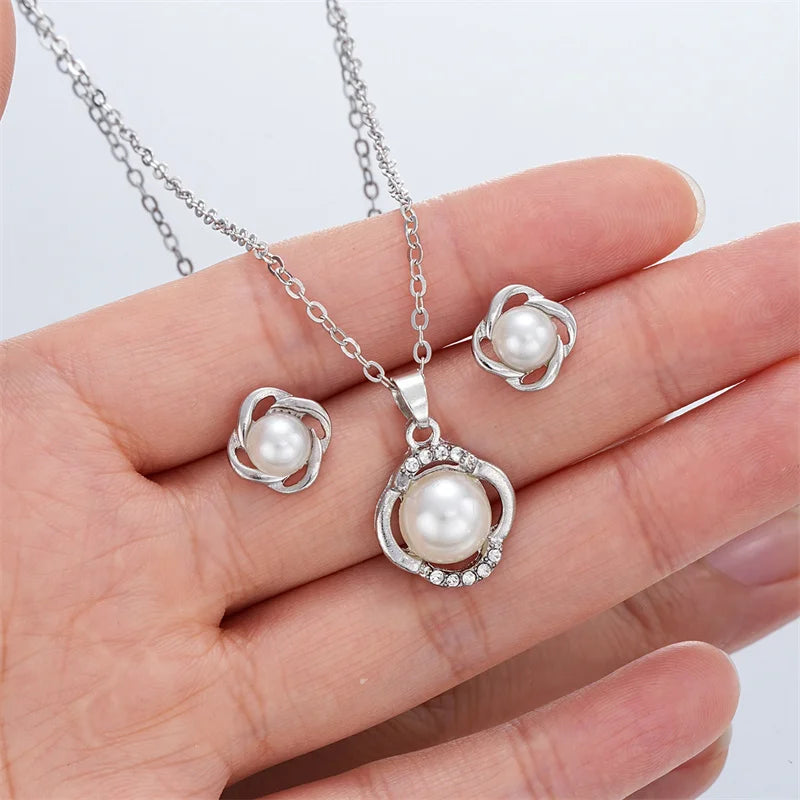 Light Luxury Shining Zircon Imitation Pearl Jewelry Sets for Women Trendy Versatile Necklace Earrings Party Christmas Gifts