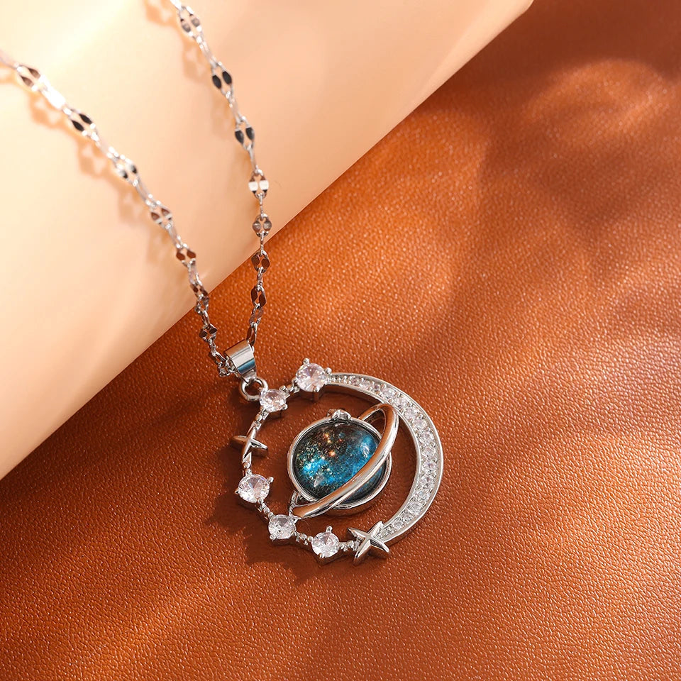 Galaxy Planet Necklace with Sparkling Crescent Moon