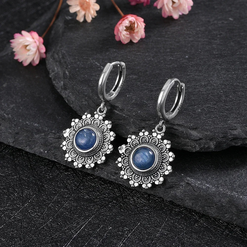 Silver Plated Snowflake Natural Kyanite Earrings for Women Round 6MM Blue Stone Vintage Jewelry Party Anniversary Gifts