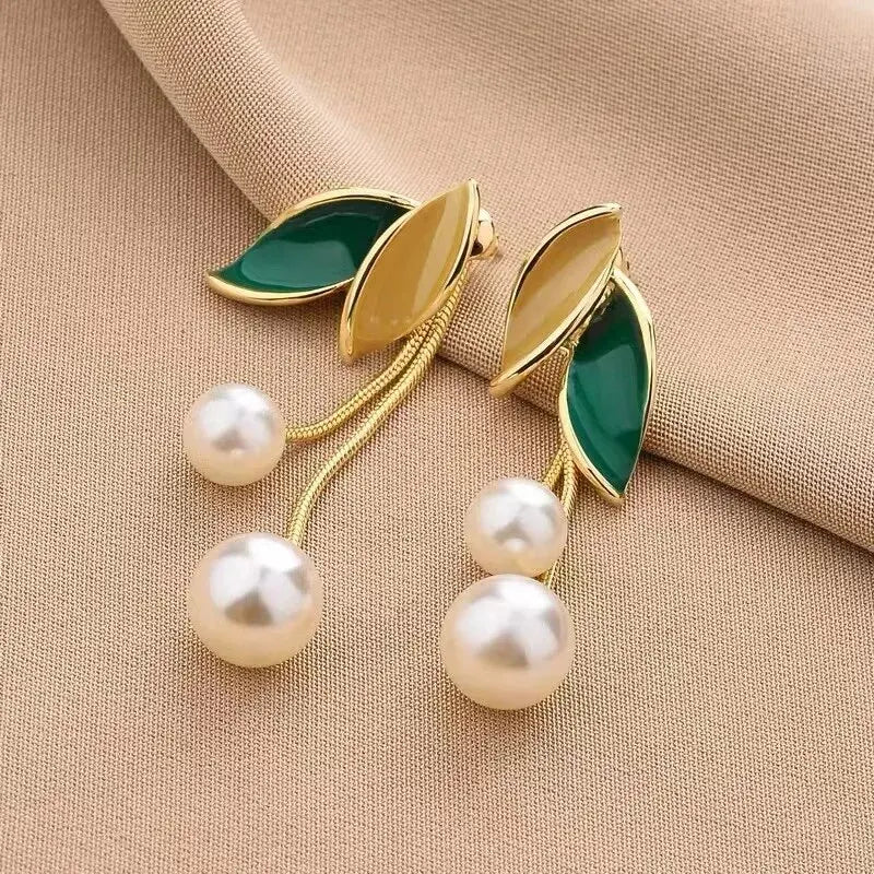 Green Enamel and Pearl Statement Earrings
