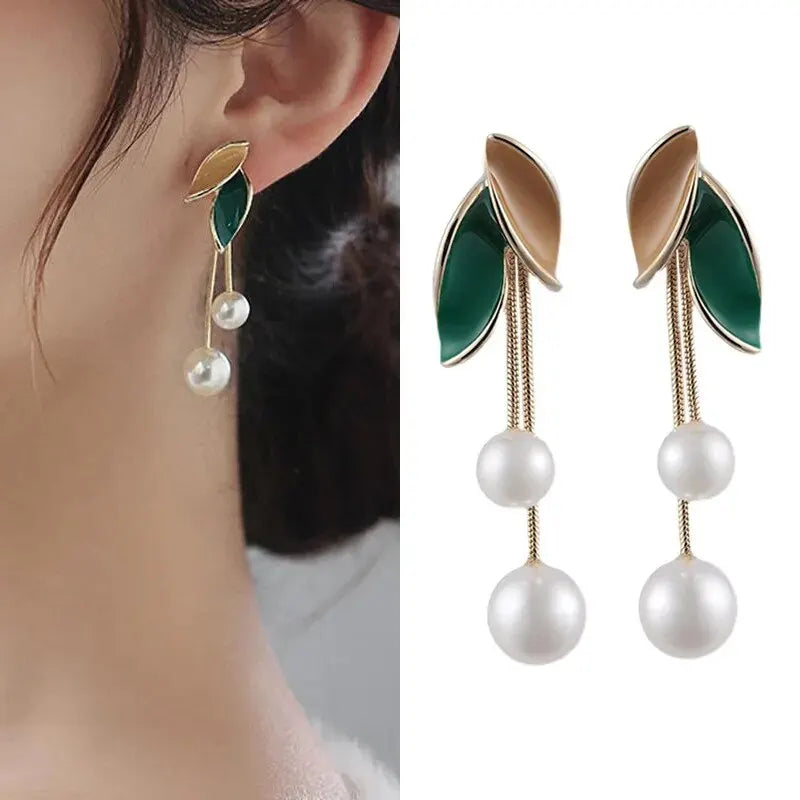 Green Enamel and Pearl Statement Earrings