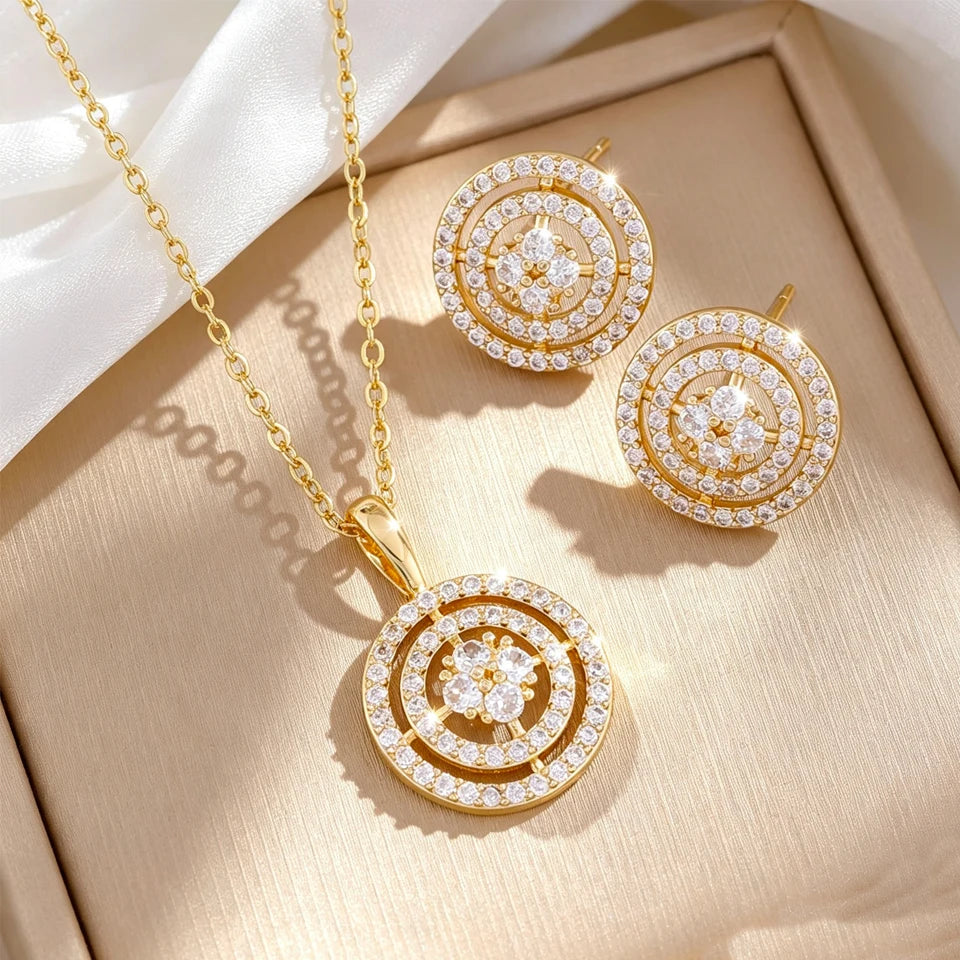 ZAKOL Minimalist Fashion Women Jewelry Set Round Cubic Zirconia Pendant Necklace Earrings Bridal Wedding Accessories