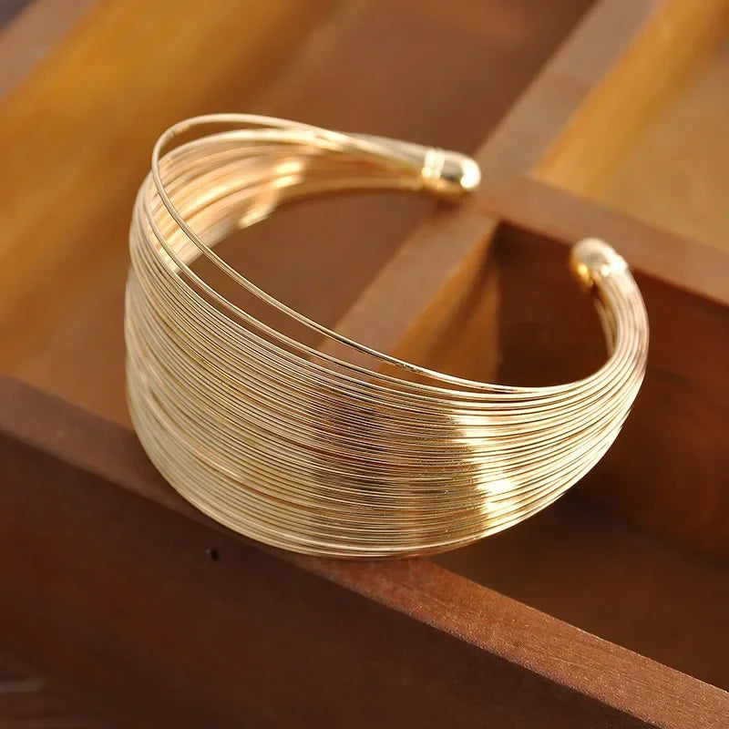 Fashion Multi-Layer Metal Wire String Open Bangle for Women Wide Sleeve Exaggerated Mouth Bracelet Jewelry Indian Bracelet