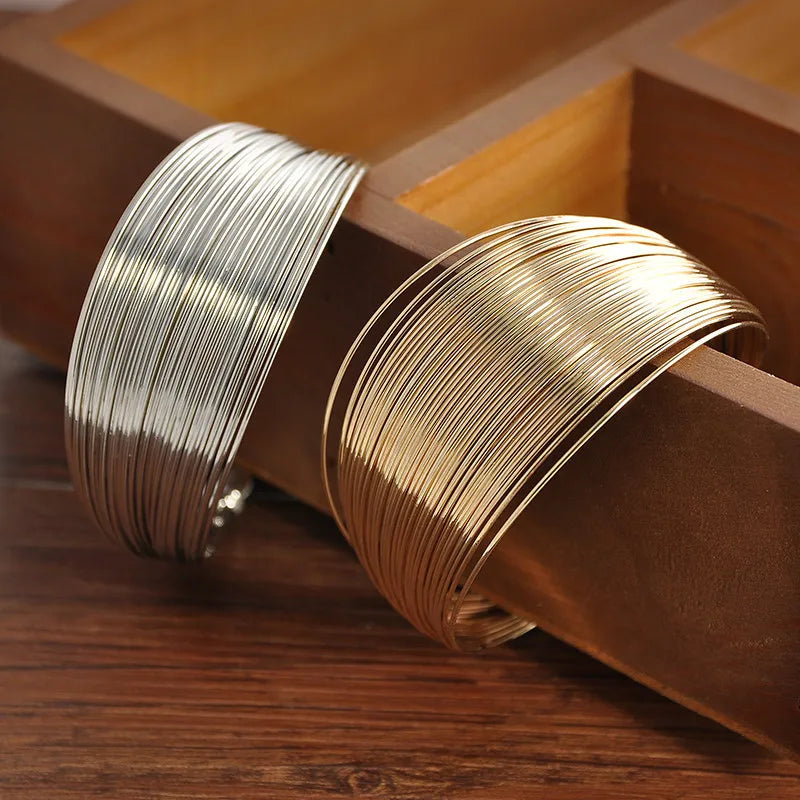 Fashion Multi-Layer Metal Wire String Open Bangle for Women Wide Sleeve Exaggerated Mouth Bracelet Jewelry Indian Bracelet