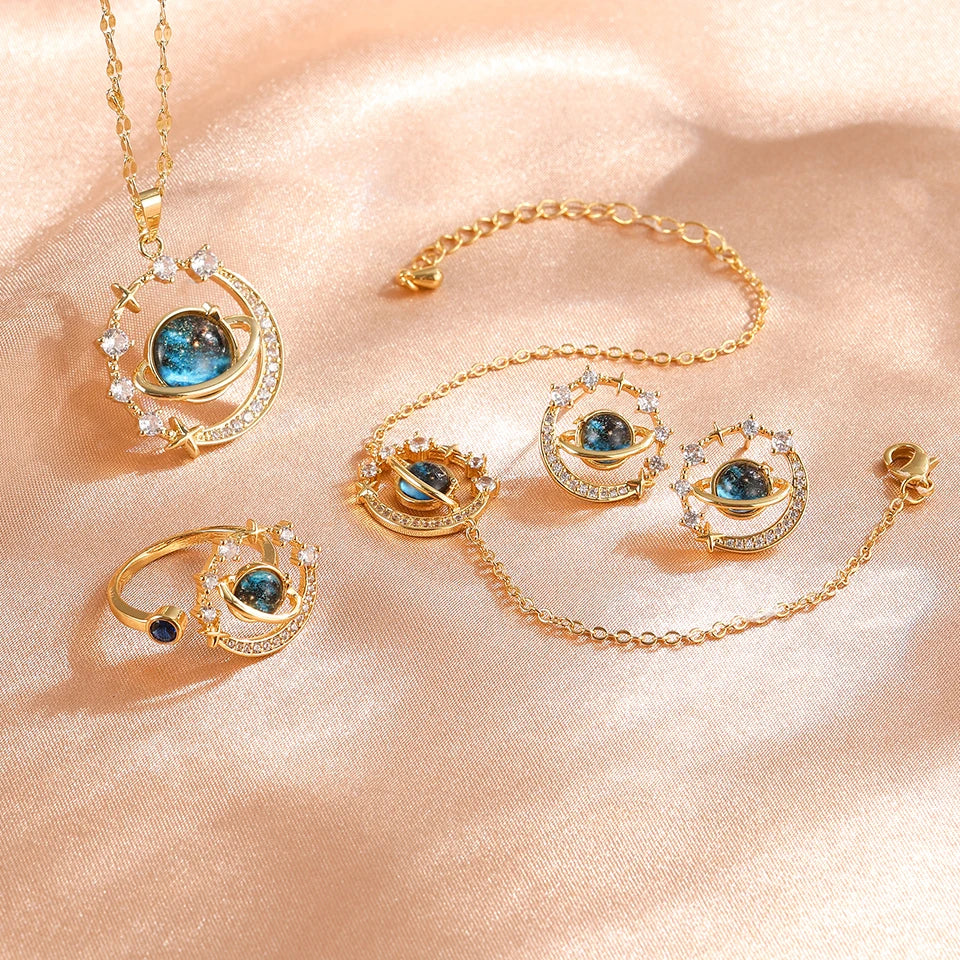Galaxy Planet Necklace with Sparkling Crescent Moon