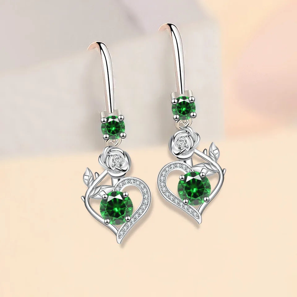 Rose Flower Heart Drop Earrings For Women Silver Color Blue Red Green Pink Zircon Valentine Dangle Earring Mothers Day Jewelry