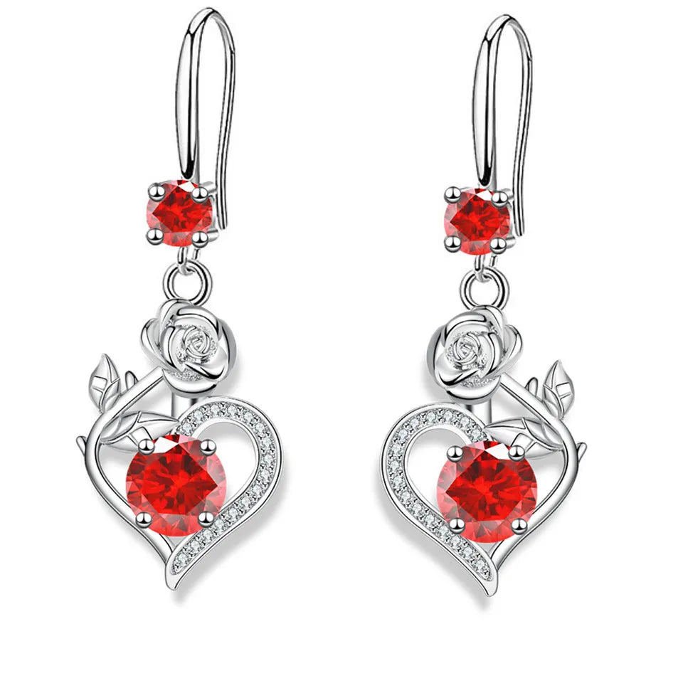Rose Flower Heart Drop Earrings For Women Silver Color Blue Red Green Pink Zircon Valentine Dangle Earring Mothers Day Jewelry