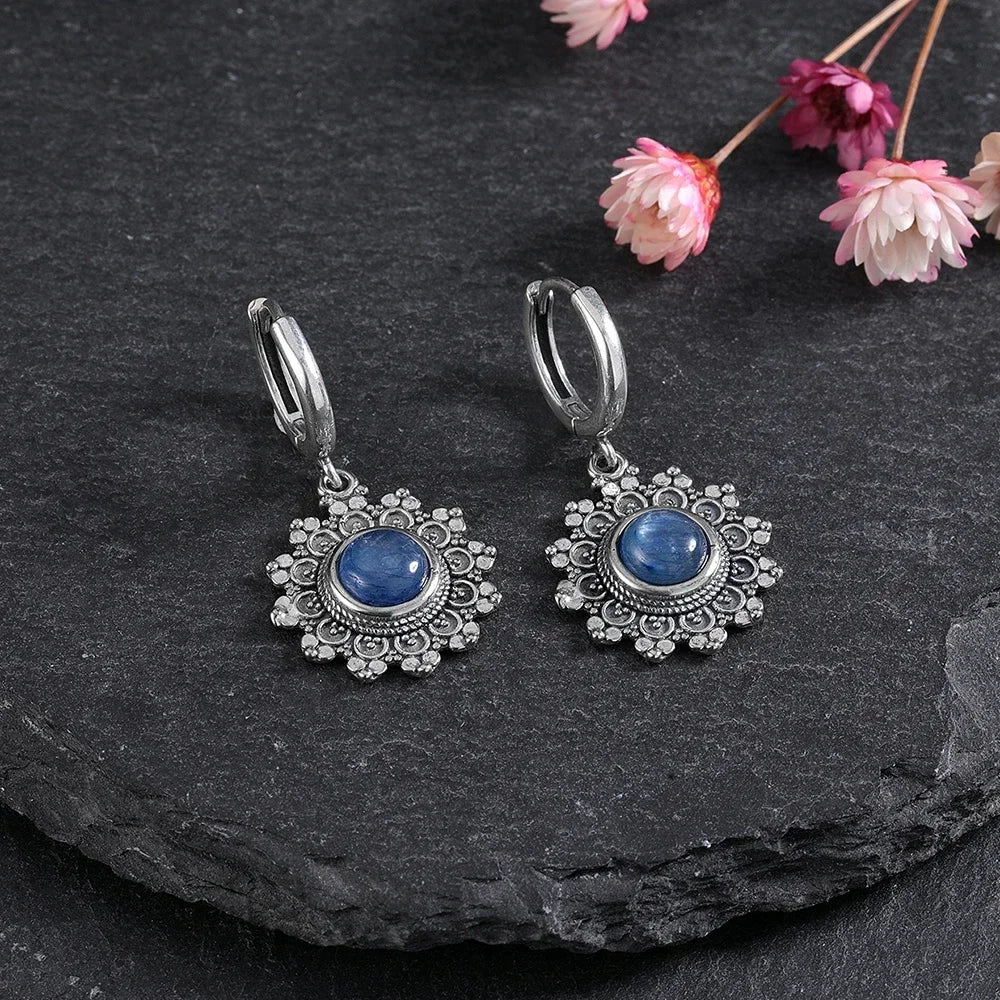 Silver Plated Snowflake Natural Kyanite Earrings for Women Round 6MM Blue Stone Vintage Jewelry Party Anniversary Gifts