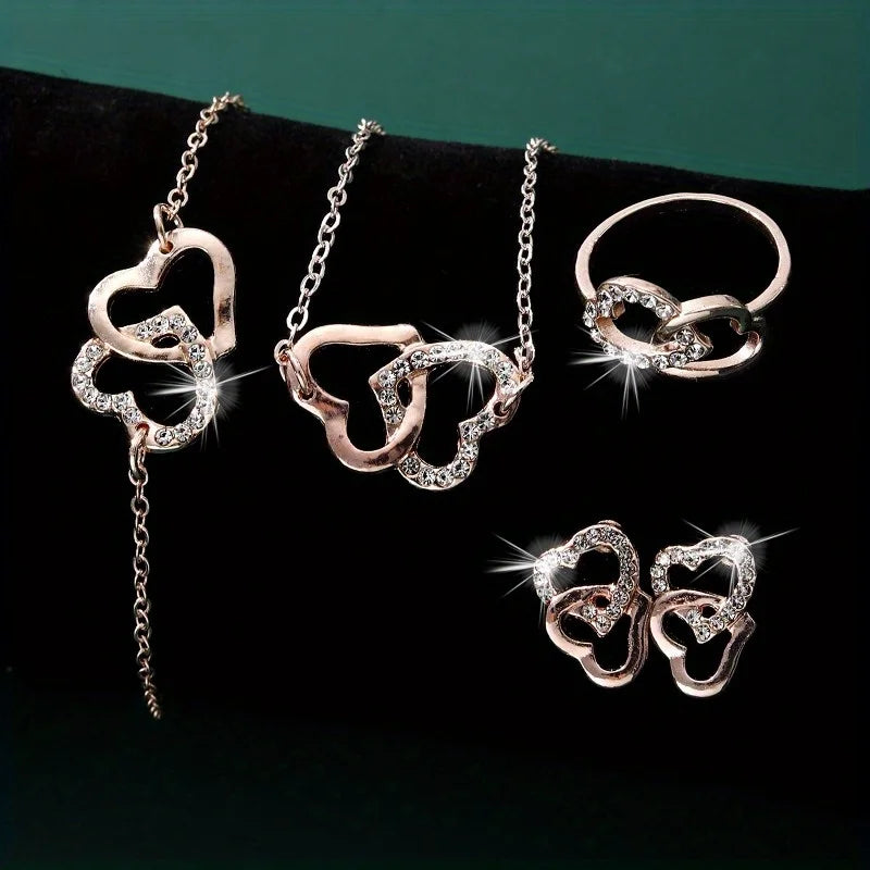 Vintage Rhinestone Jewelry Set - 5Pcs Alloy Necklace Earrings Bracelet Ring Classic Daily Wear
