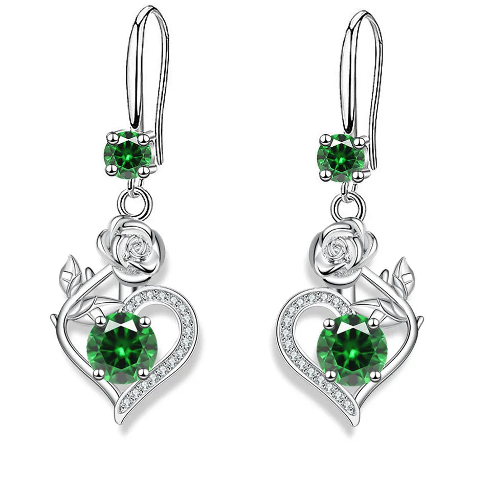 Rose Flower Heart Drop Earrings For Women Silver Color Blue Red Green Pink Zircon Valentine Dangle Earring Mothers Day Jewelry