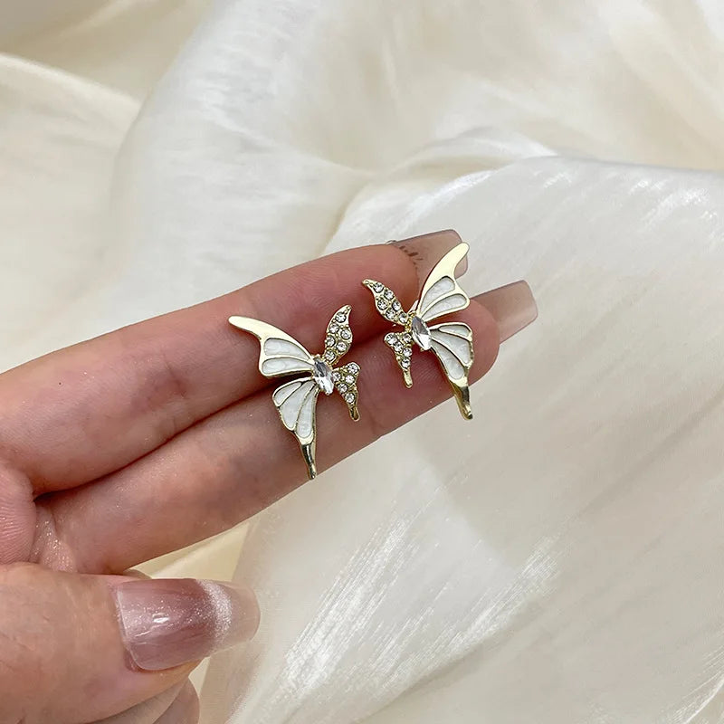 Golden Butterfly Stud Earrings with Pink Enamel Wings