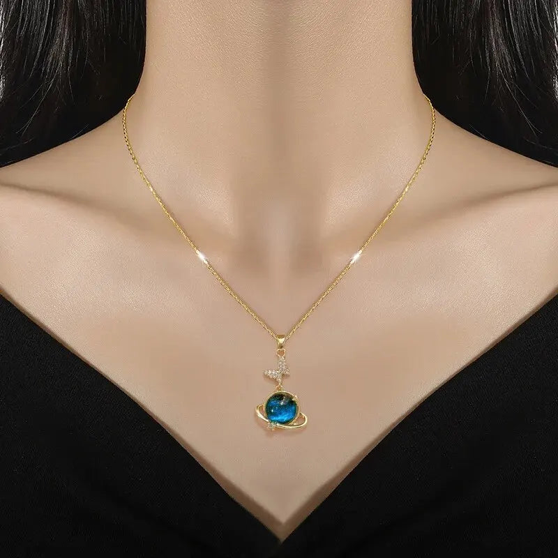 Galaxy Planet Necklace with Sparkling Crescent Moon