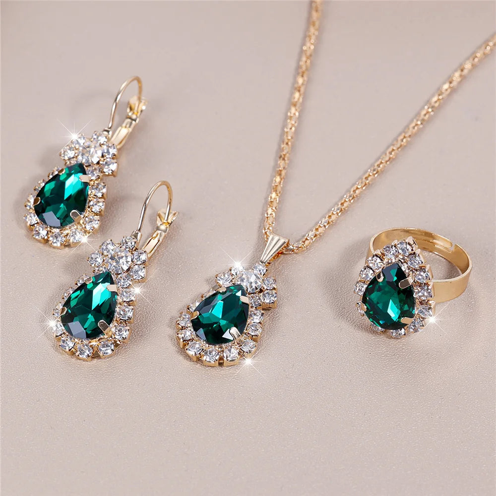 Luxury Female Women Blue Water Drop Wedding Jewelry Set