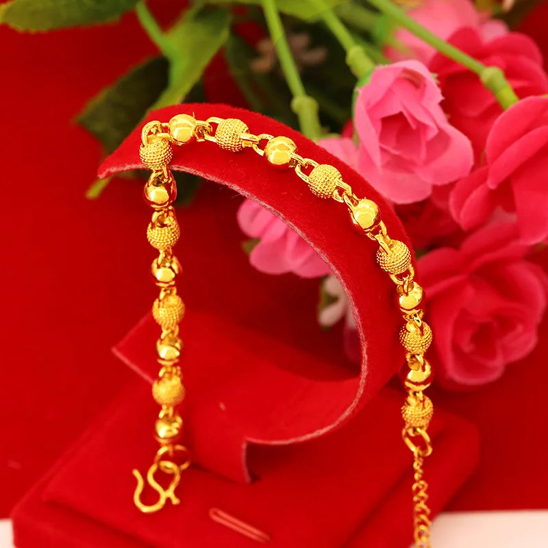 24k Plated Frosted Gold Solid Ball Bead Bracelet Women Jewelry Gift