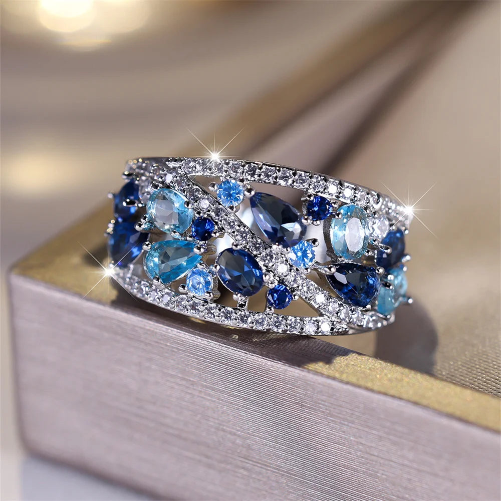Blue Crystal Cluster Statement Ring