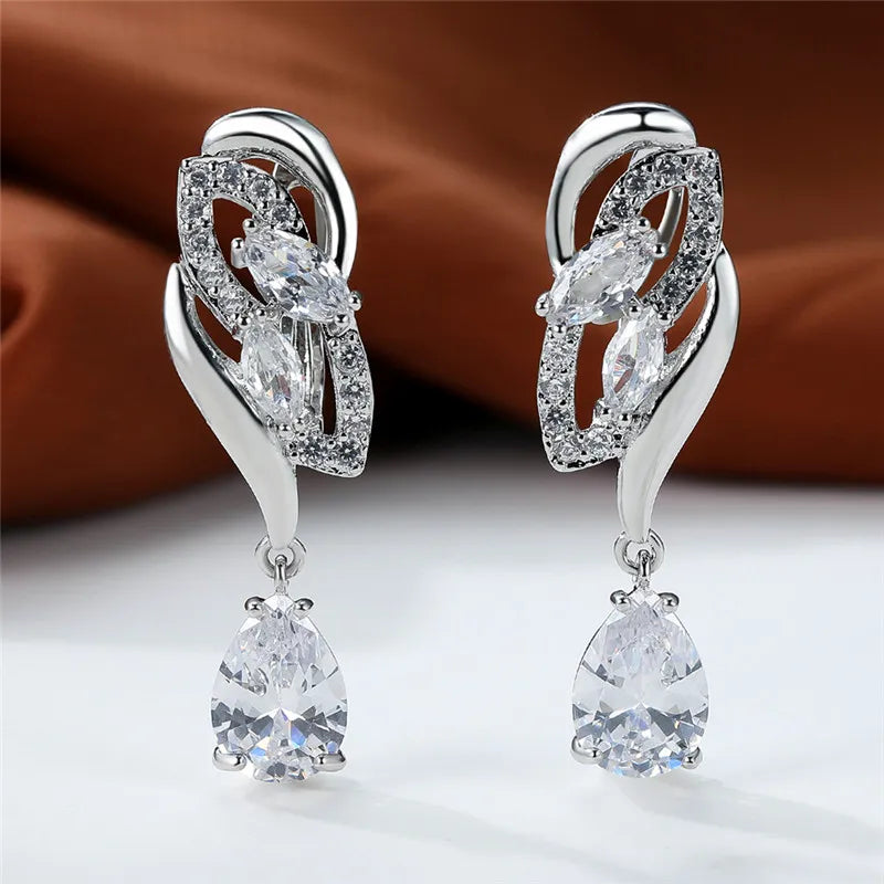 Luxury Female Blue Rainbow Stone Earring Silver Color Clip Earrings For Women Charm Crystal Zircon Wedding Jewelry