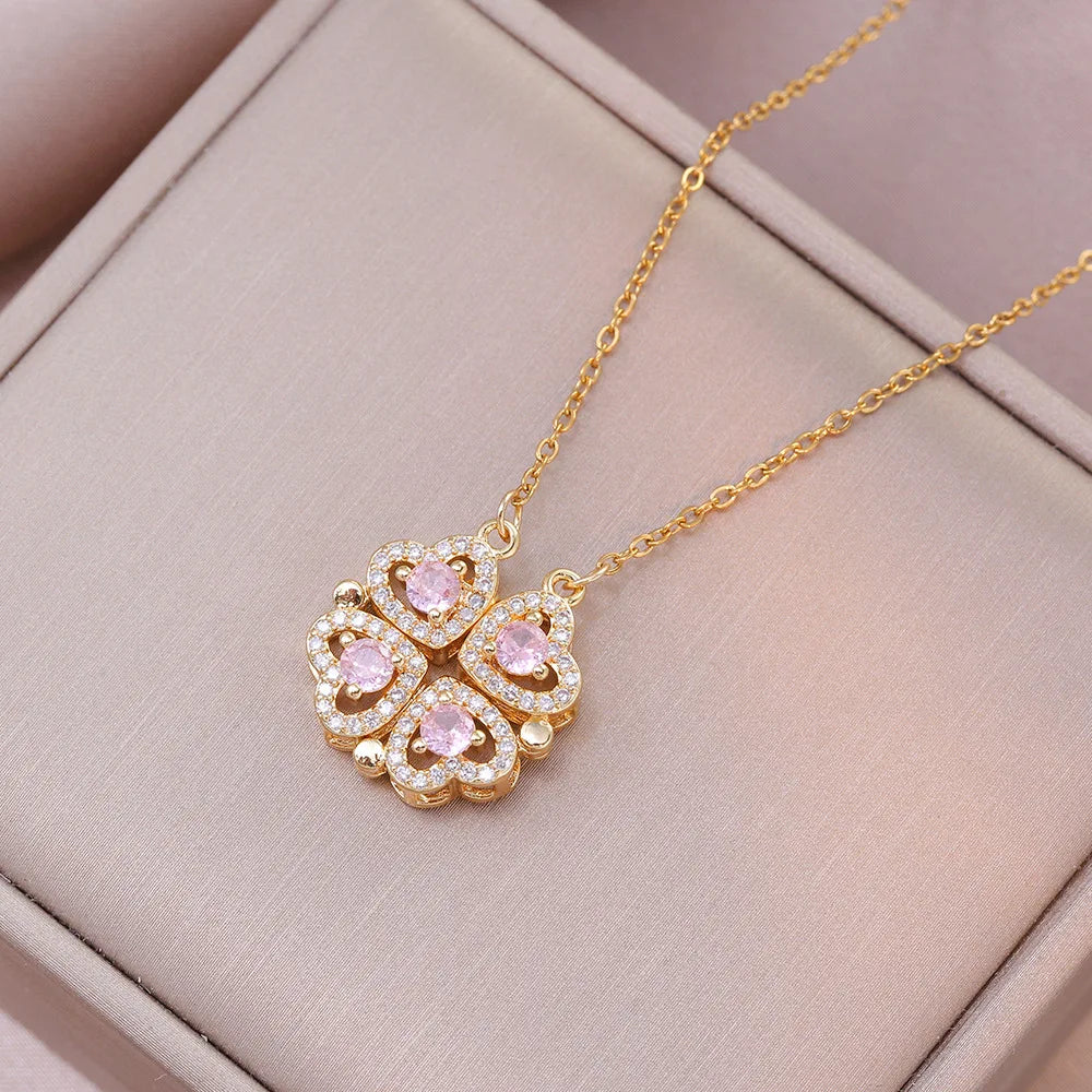 Romantic Sweet Can Open Zircon Clover Choker Necklace for Women Girls Trendy Stainless Steel Chain Luxury Bling Jewelry Gifts