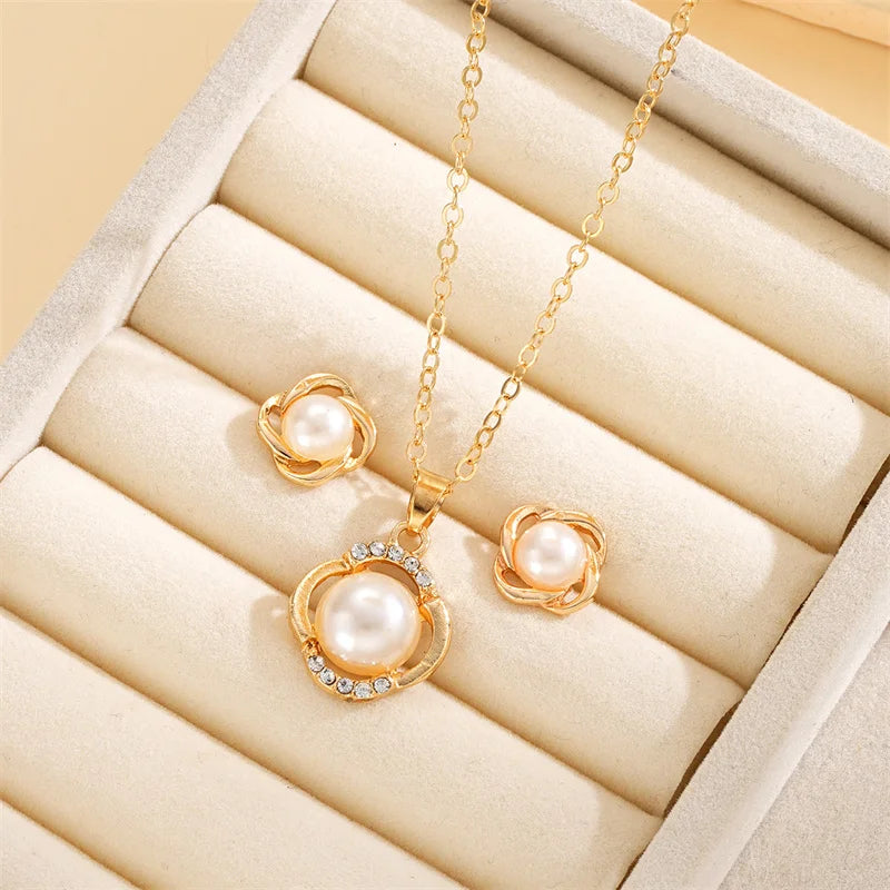3pcs Shining Zircon Flower Jewelry Sets for Women Light Luxury Imitation Pearl Pendant Necklace Earrings Banquet Party Jewelry