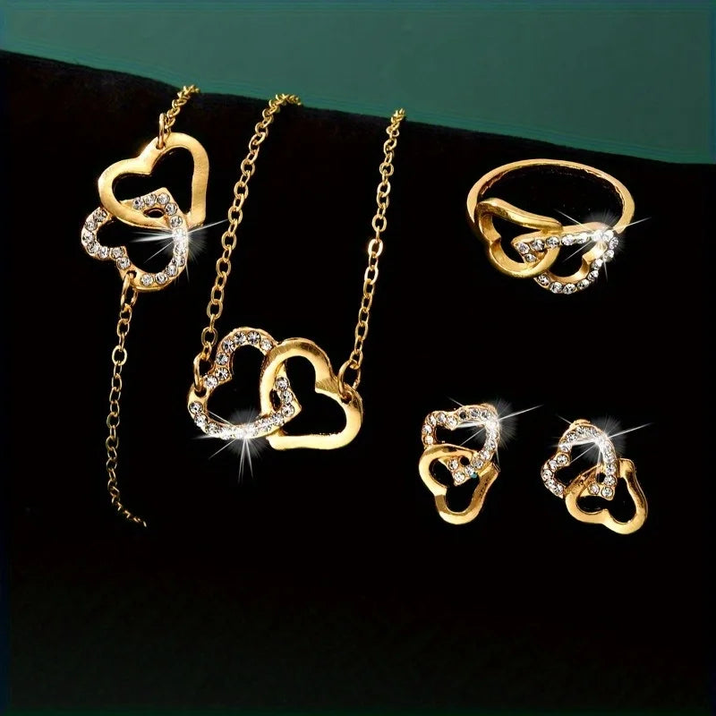 Vintage Rhinestone Jewelry Set - 5Pcs Alloy Necklace Earrings Bracelet Ring Classic Daily Wear