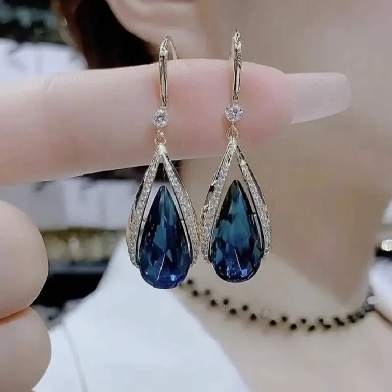 Elegant Blue Crystal Long-Drop Earrings