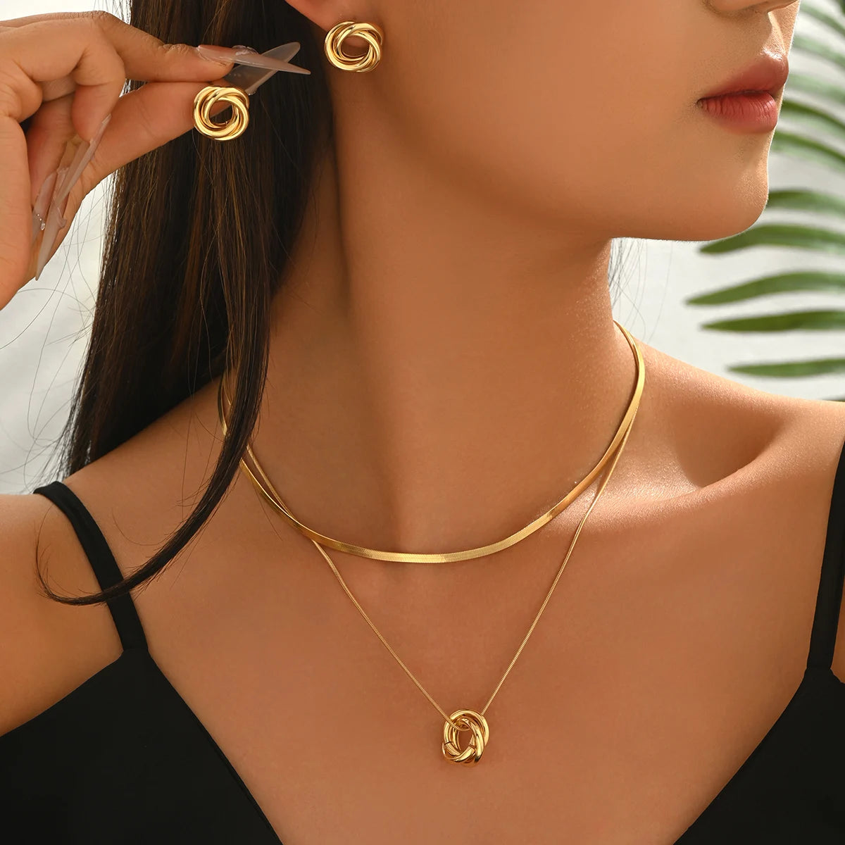 Modern Double-Ring Pendant and Earring Set