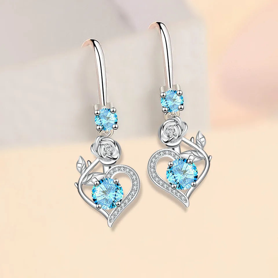 Rose Flower Heart Drop Earrings For Women Silver Color Blue Red Green Pink Zircon Valentine Dangle Earring Mothers Day Jewelry